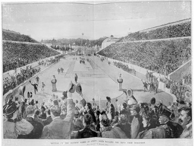 Revival of the Olympic Games in Athens: Loues winning the race from Marathon, 10th April 1896 by English School
